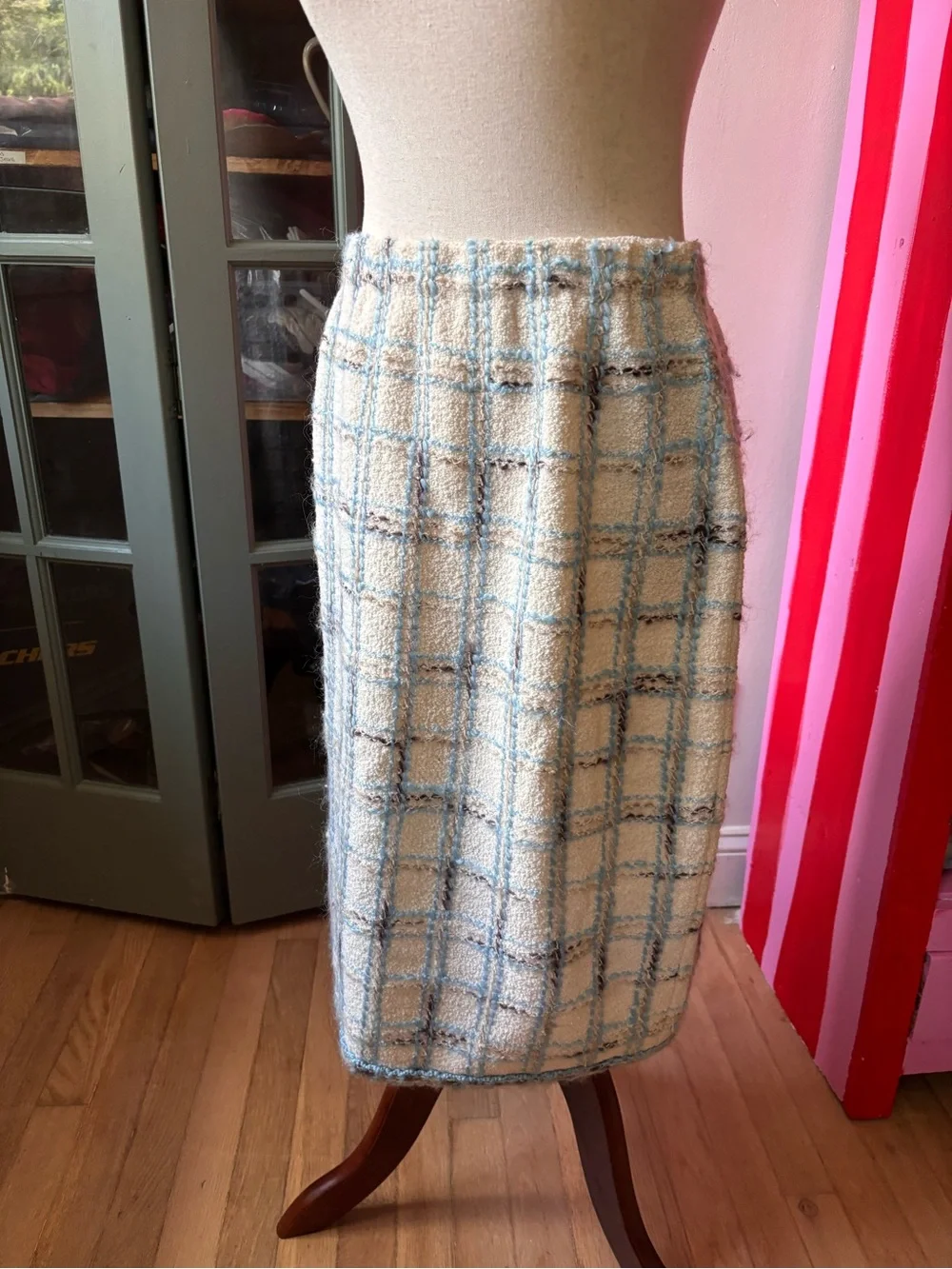 Vintage Adolfo Saks 2 Piece Wool Boucle Suit Set Plaid Skirt Jacket ILGWU USA